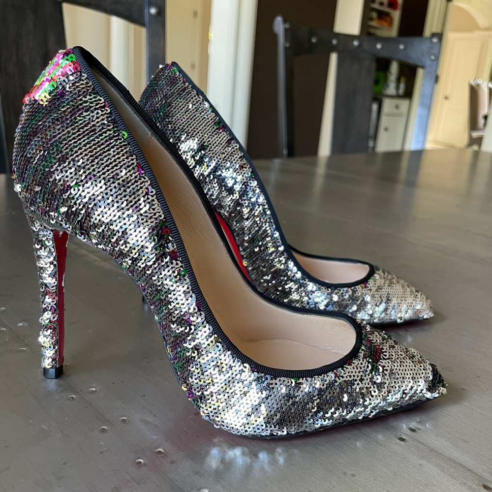 christian louboutin pigalle follies 100mm silver sequin stiletto sz 35.5